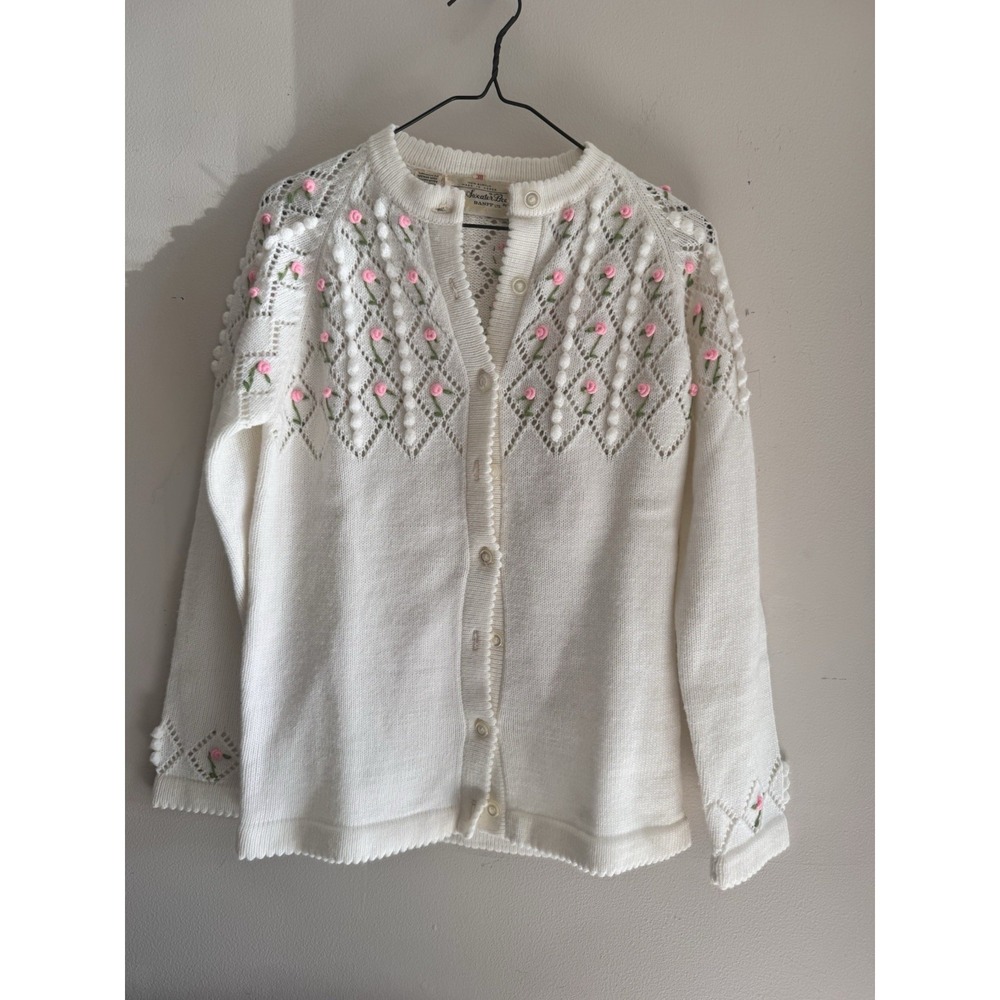Vintage Pink Floral Cream White Sweater Bee by Banff  Cardigan Sweater Size 38 M